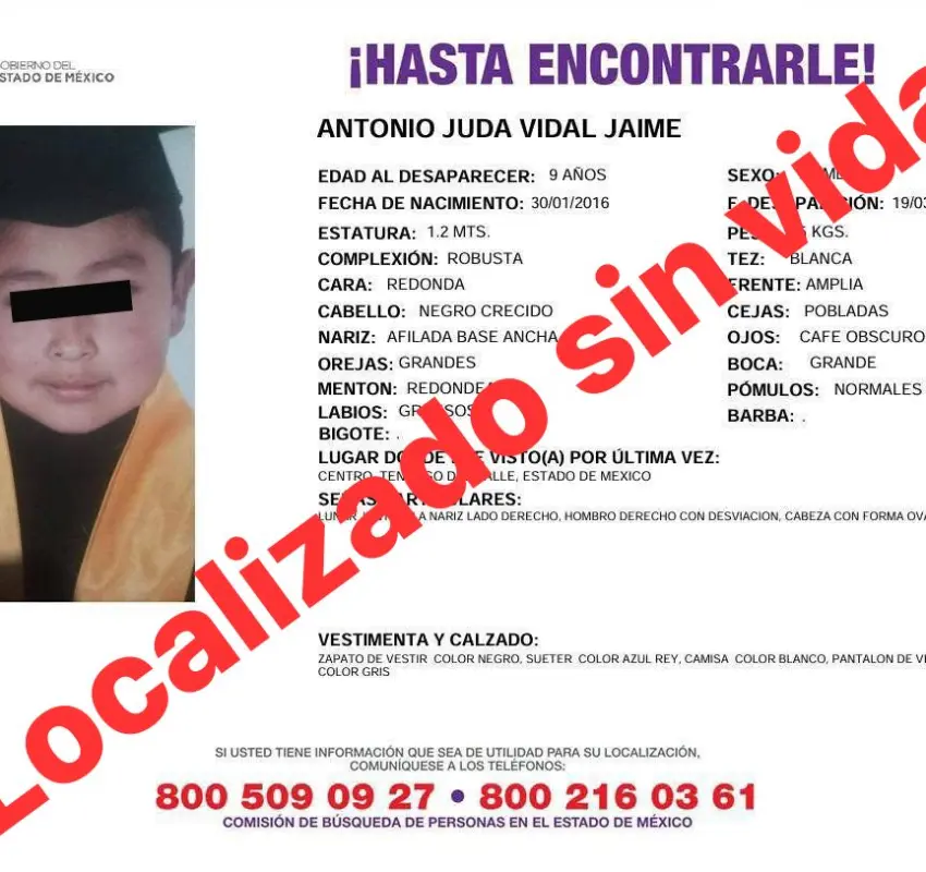 Localizaron sin vida a menor desaparecido en Tenango del Valle