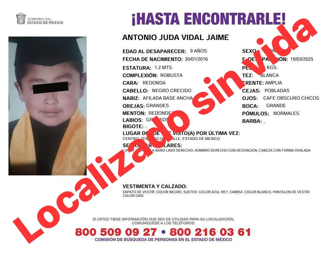 Localizaron sin vida a menor desaparecido en Tenango del Valle