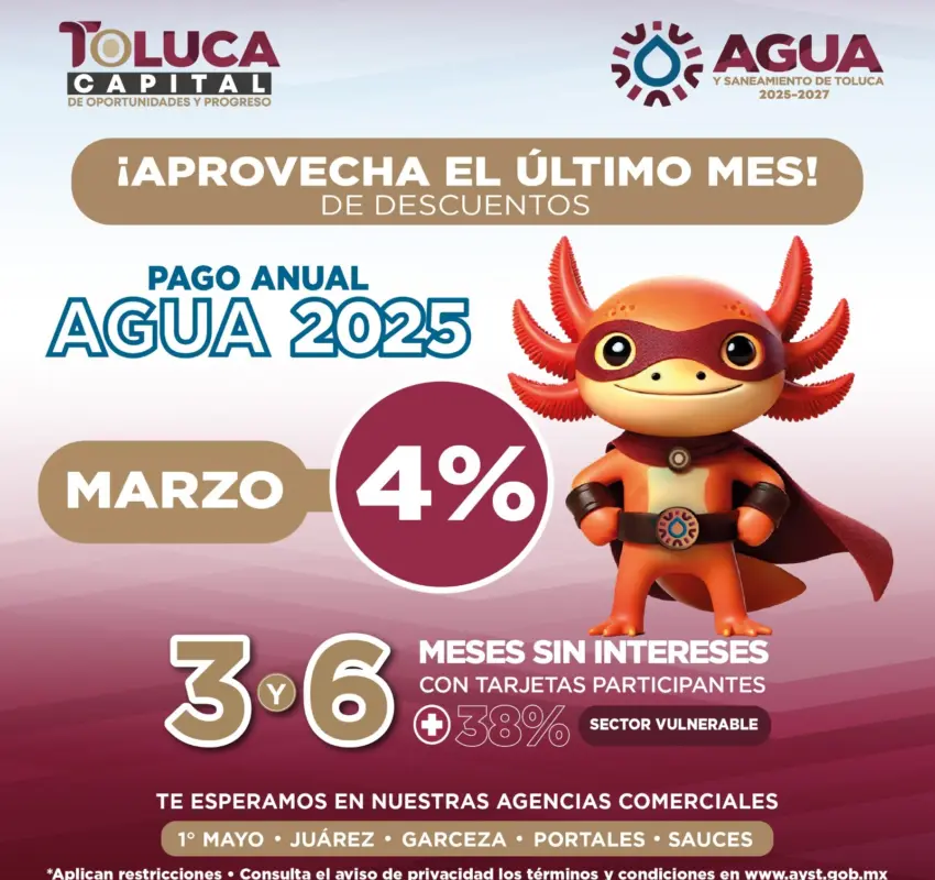 Marzo último mes para descuentos en pago de agua en Toluca