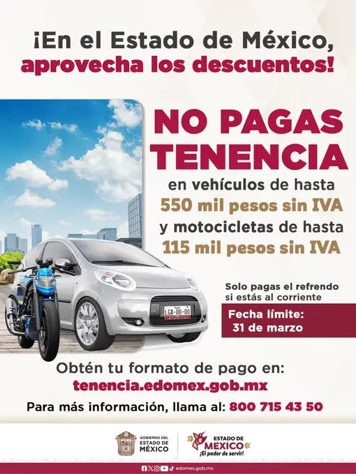 Subsidio del 100% a tenencia vehicular en Edoméx