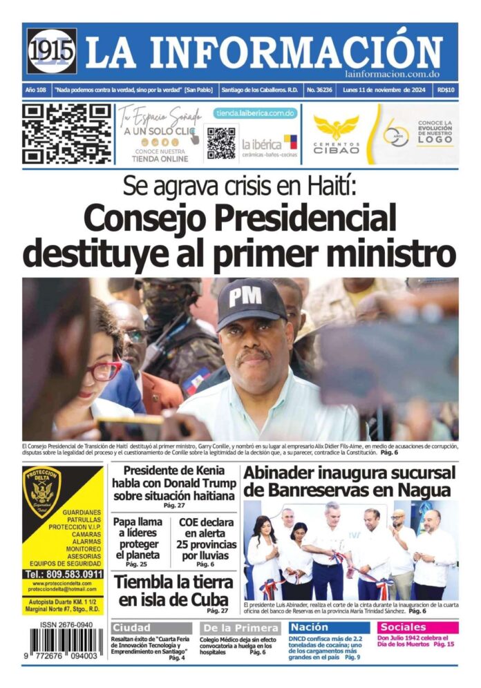 Portada Periódico Hoy, Lunes 11 Noviembre, 2024 - Dominicana.do