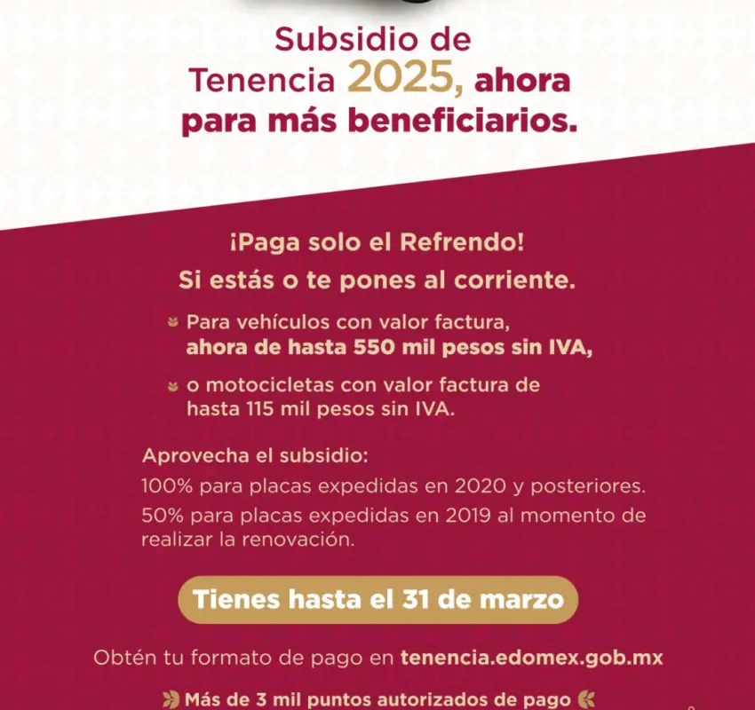Subsidio del 100% a tenencia vehicular en EdoMéx