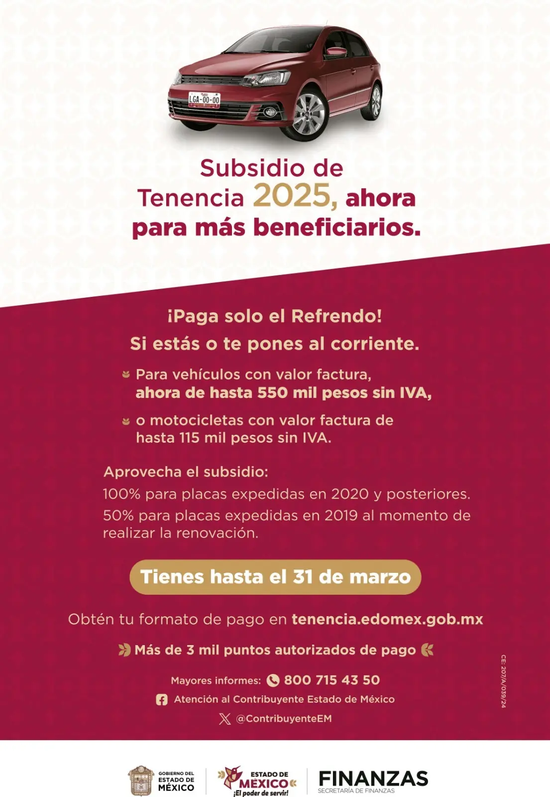 Subsidia Gobierno del EdoMéx el 100 de la tenencia vehicular 2025