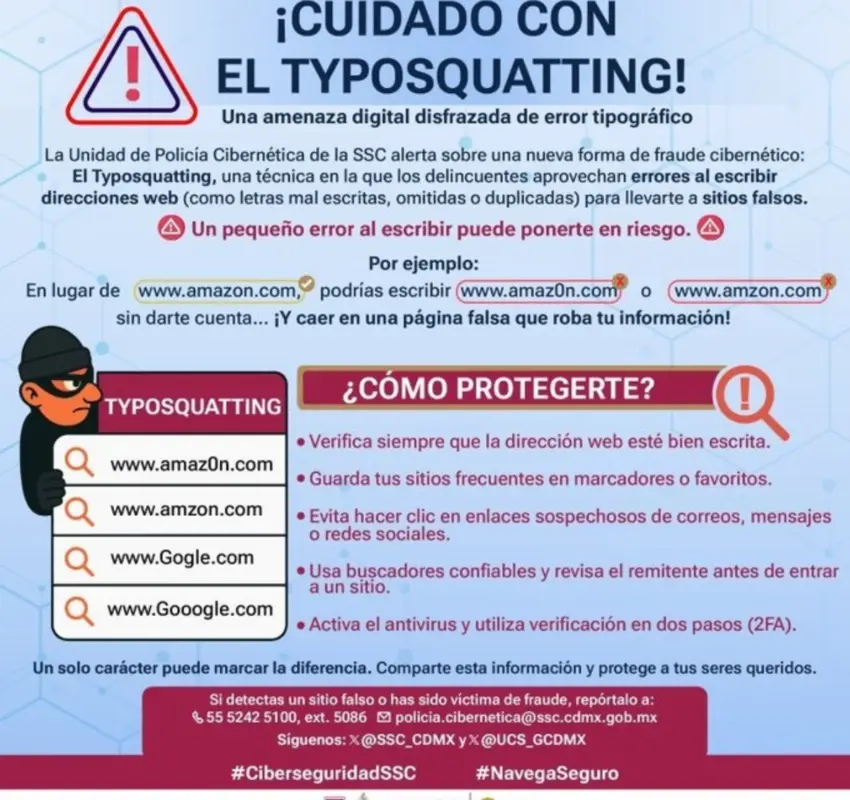 Policía CDMX advierte sobre typosquatting, fraude digital que roba datos