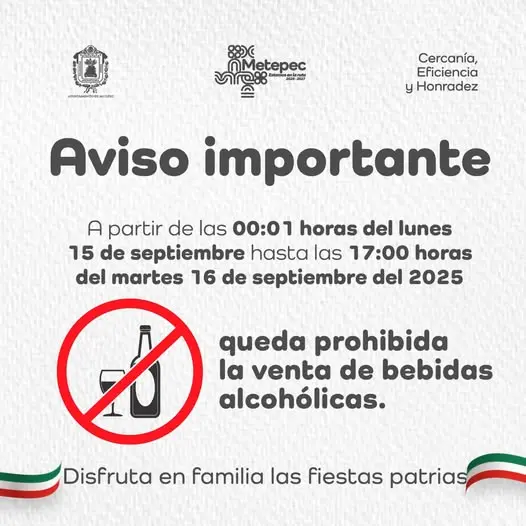 Ley Seca en Metepec por festejos patrios