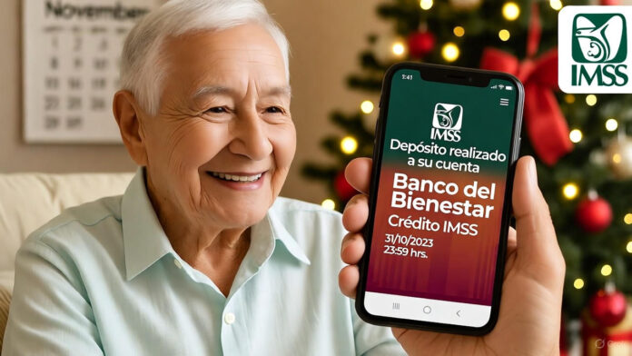 Pensionado del IMSS recibiendo notificación de aguinaldo 2025 en su teléfono móvil