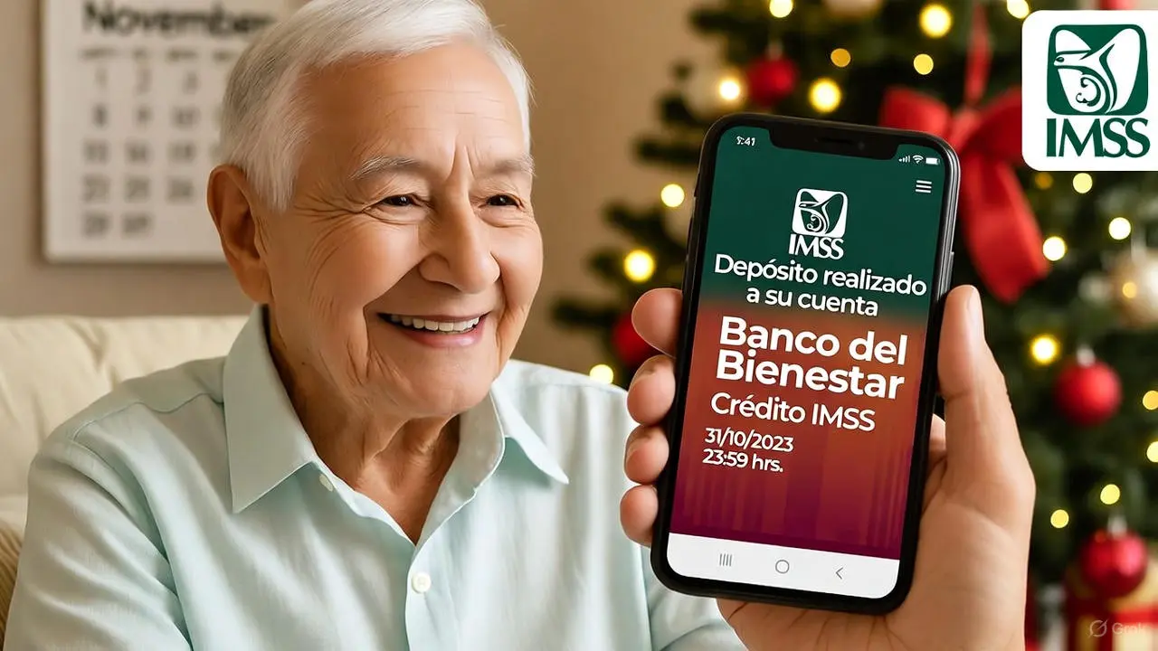 Pensionado del IMSS recibiendo notificación de aguinaldo 2025 en su teléfono móvil
