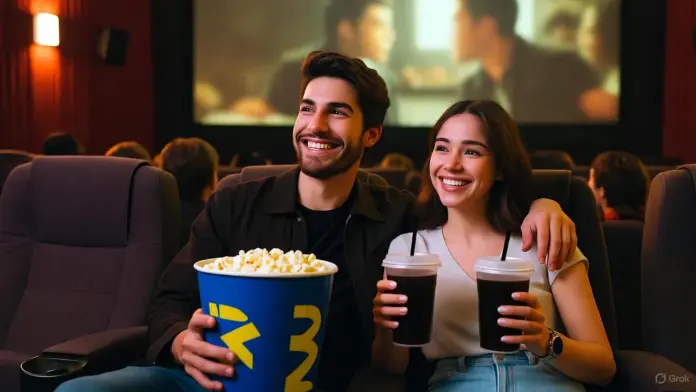 Jóvenes disfrutando del Combo Lunes de Cinépolis con entradas, palomitas y refrescos en sala de cine.