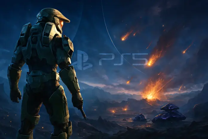 halo-campaign-evolved-playstation-5 Master Chief en el anillo Halo con vehículos Wraith al fondo, anunciando la llegada de Halo: Campaign Evolved a PlayStation 5 en 2026.