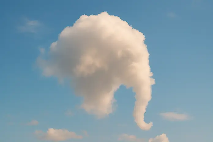 nube-con-forma-de-elefante-pareidolia Nube con forma de elefante en el cielo azul, ejemplo visual de pareidolia donde el cerebro percibe figuras familiares en estímulos ambiguos.