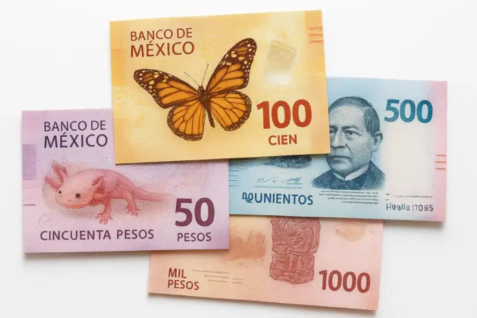 Nuevos billetes de México 2025 de la familia tipo G con diseños de ajolote, mariposa monarca y Benito Juárez, fabricados en polímero y algodón con tecnología anti-falsificación.