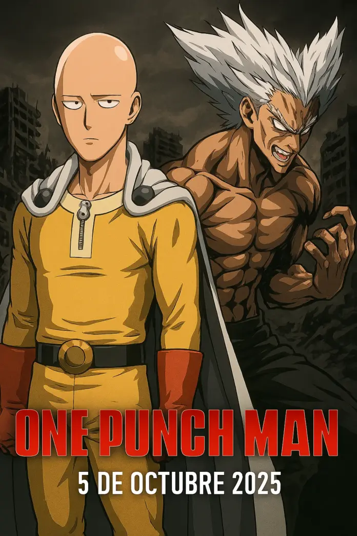 Póster oficial de One Punch Man Temporada 3 mostrando a Saitama y Garou frente a un fondo destruido, estreno 5 de octubre de 2025.