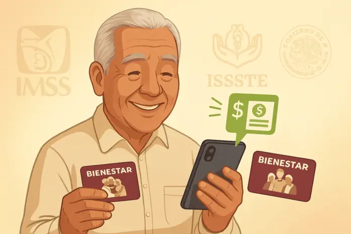 Adulto mayor recibiendo notificación de pago triple en noviembre 2025: IMSS, ISSSTE y Pensión del Bienestar.