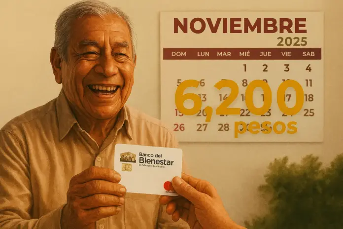 Adulto mayor recibiendo su pensión del Bienestar en noviembre 2025, con monto de 6,200 pesos.