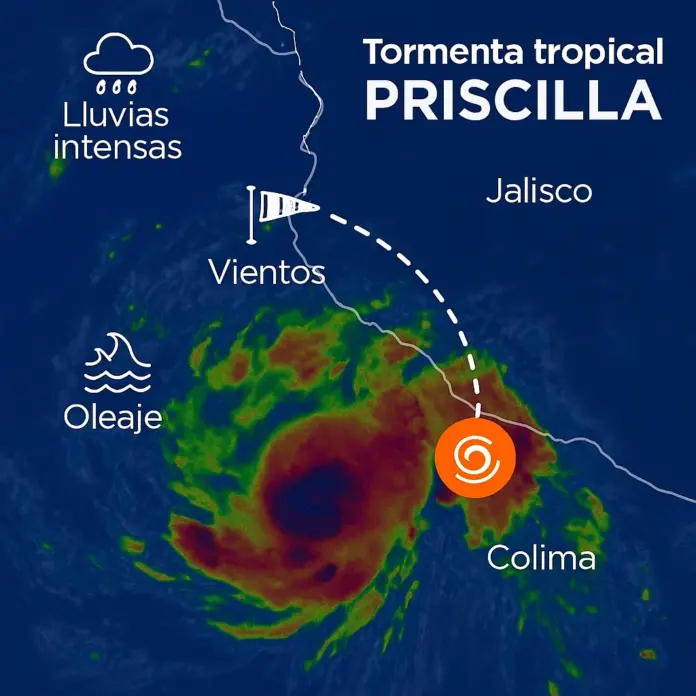 Tormenta tropical Priscilla frente a costas de Jalisco y Colima, con alerta de lluvias intensas y oleaje alto en el Pacífico mexicano 2025.