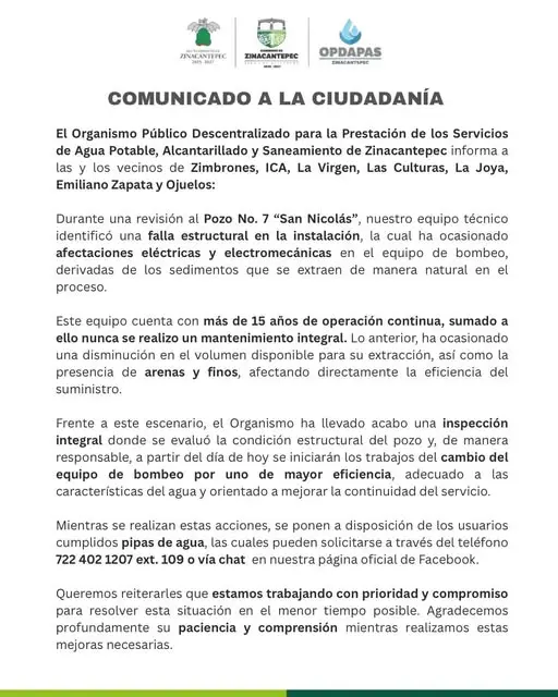 Atienden falla estructural en pozo de Zinacantepec