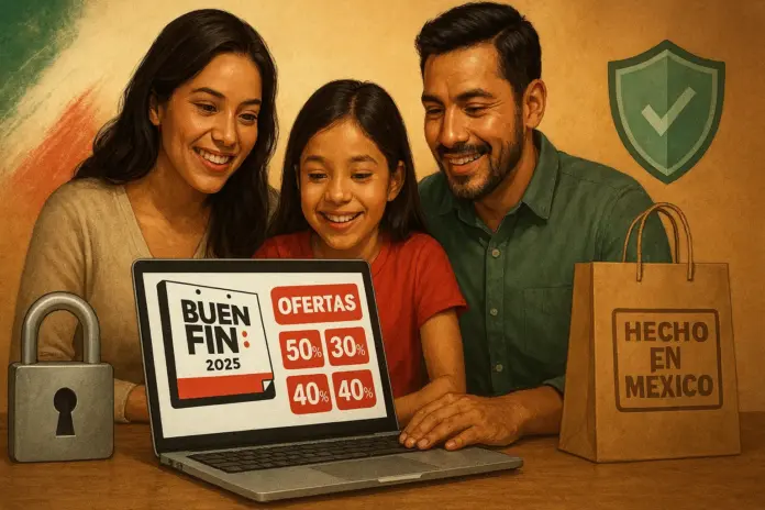 Familia mexicana aprovechando ofertas del Buen Fin 2025 en productos Hecho en México, con seguridad digital
