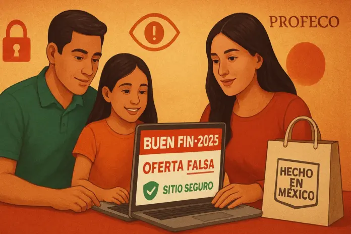 Mujer verificando si las ofertas del Buen Fin 2025 son reales usando herramientas de seguridad