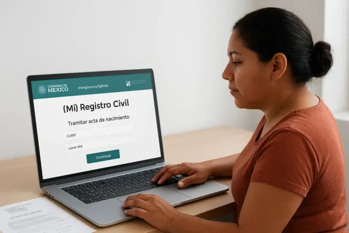 Joven mexicano tramitando su acta de nacimiento en línea en el portal oficial miregistrocivil.gob.mx con Llave MX y CURP.