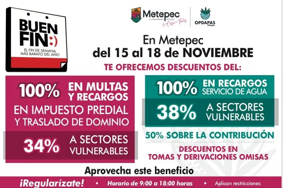 Ofrece Metepec descuentos en predial y agua durante el buen fin