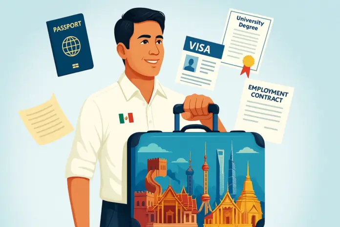 Documentos esenciales para mexicanos que desean trabajar legalmente en Asia, incluyendo visa, pasaporte y contrato laboral.