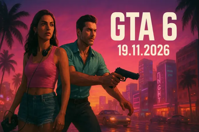 Portada promocional de GTA 6 con los protagonistas Lucia y Jason en Vice City, anunciando el lanzamiento del 19 de noviembre de 2026.