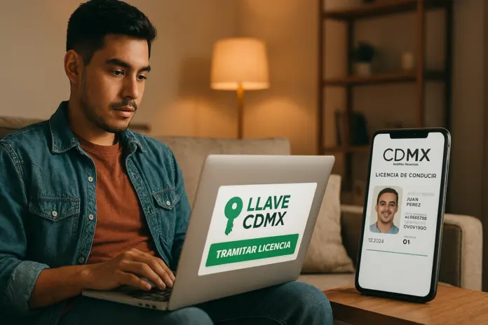 Joven tramitando su licencia permanente de conducir en línea a través de Llave CDMX en diciembre 2025.