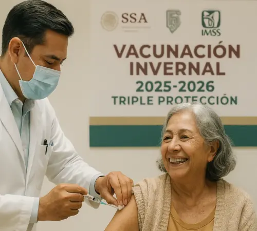 Vacunación invernal 2025 en México contra influenza COVID 19 y neumococo en centro de salud público