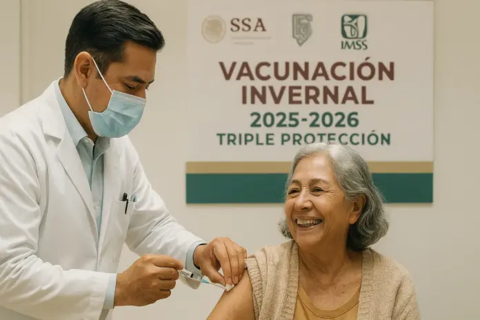 Vacunación invernal 2025 en México contra influenza, COVID-19 y neumococo en centro de salud público