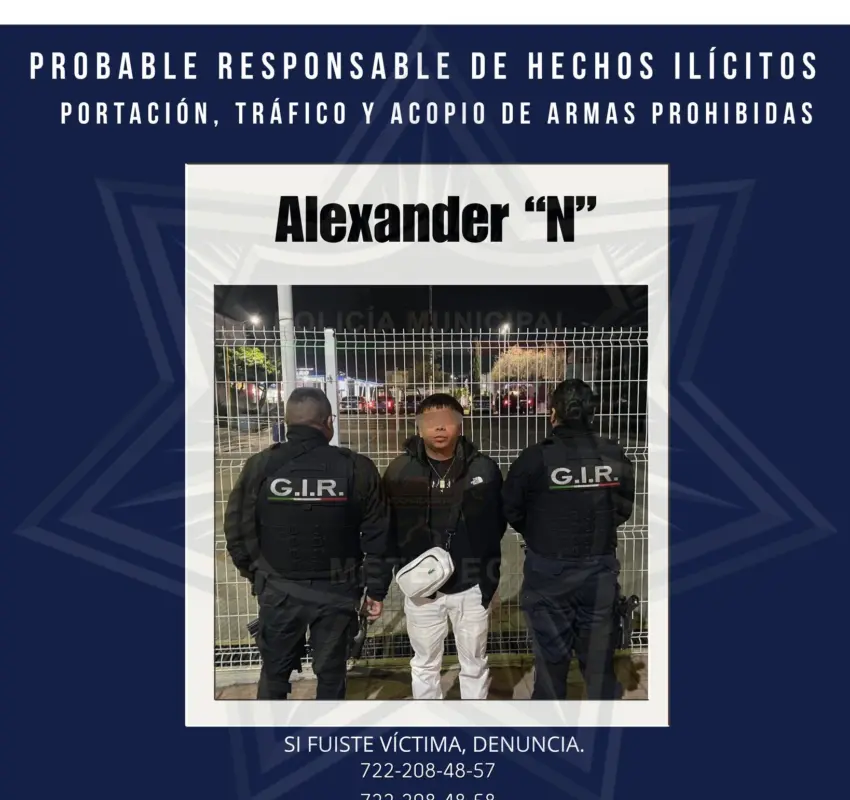 Detuvieron a sujetos por portación de armas prohibidas en Metepec
