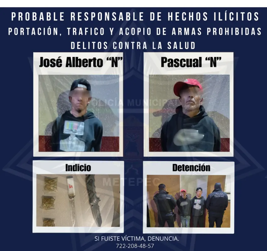 Detuvieron a sujetos con armas y droga en Metepec