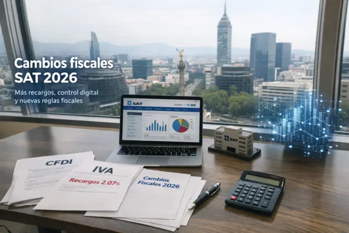 Cambios fiscales SAT 2026 con oficina corporativa, laptop mostrando datos fiscales y documentos con CFDI, recargos y control digital en México.