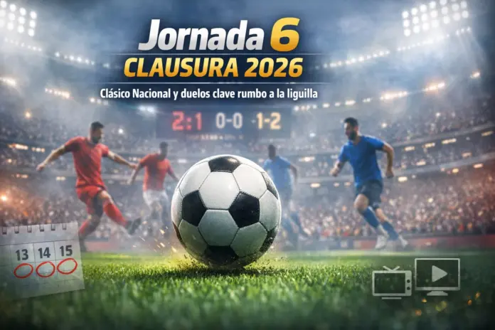 jornada-6-clausura-2026-liga-mx-calendario-partidos.jpg Jornada 6 Clausura 2026 Liga MX con estadio lleno, balón en primer plano y ambiente nocturno que representa el Clásico Nacional y los duelos clave rumbo a la liguilla.