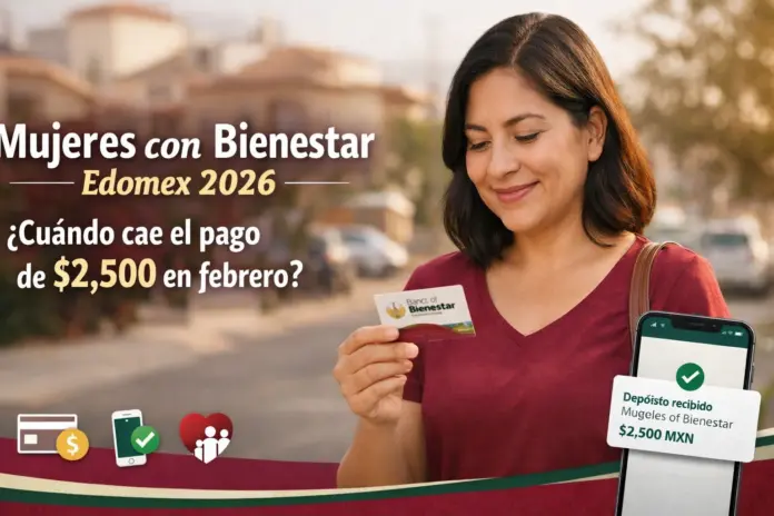 Mujer beneficiaria del programa Mujeres con Bienestar Edomex febrero 2026 revisando depósito de 2,500 pesos en tarjeta del Banco del Bienestar.