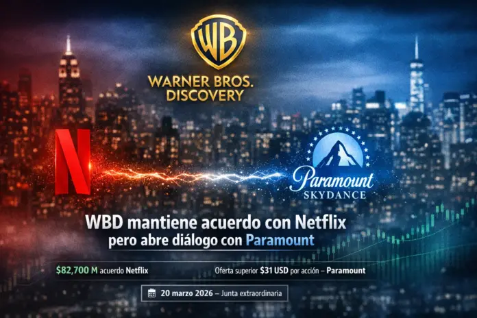 Acuerdo Netflix Paramount 2026 con Warner Bros. Discovery en negociación corporativa en Nueva York con gráficos bursátiles y logos enfrentados.