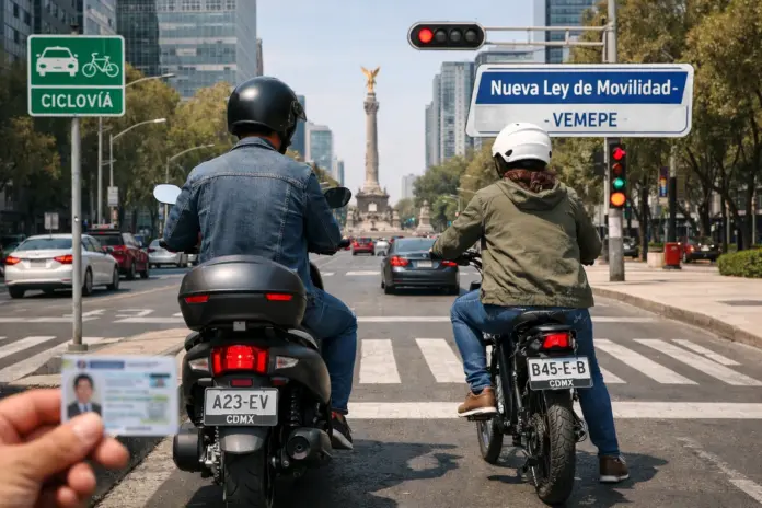 Imagen realista de scooters y bicicletas eléctricas con placas circulando en una avenida de la Ciudad de México, representando la nueva reforma a la Ley de Movilidad que las integra como Vehículos Motorizados Eléctricos Personales (VEMEPE) y establece requisitos como registro y licencia de conducir.