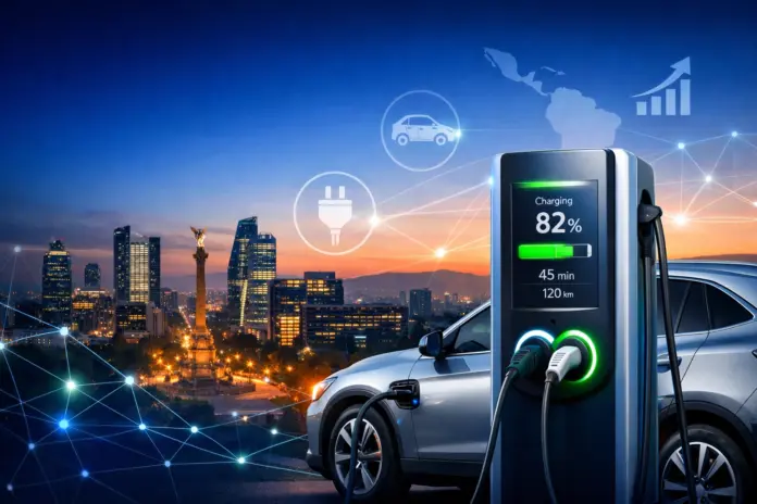 Electrolinera moderna en Ciudad de México con vehículo eléctrico cargando durante el atardecer, representando la consolidación de la electromovilidad en México 2026 y la expansión de infraestructura de VEMO.