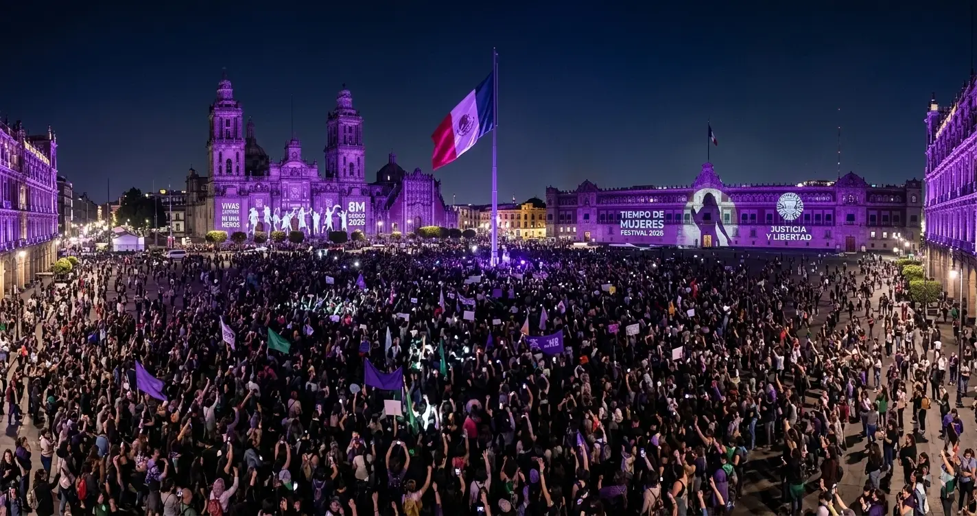 8mmexicozocalo México Ahora 8M México iluminación morada Zócalo CDMX Festival Tiempo de Mujeres