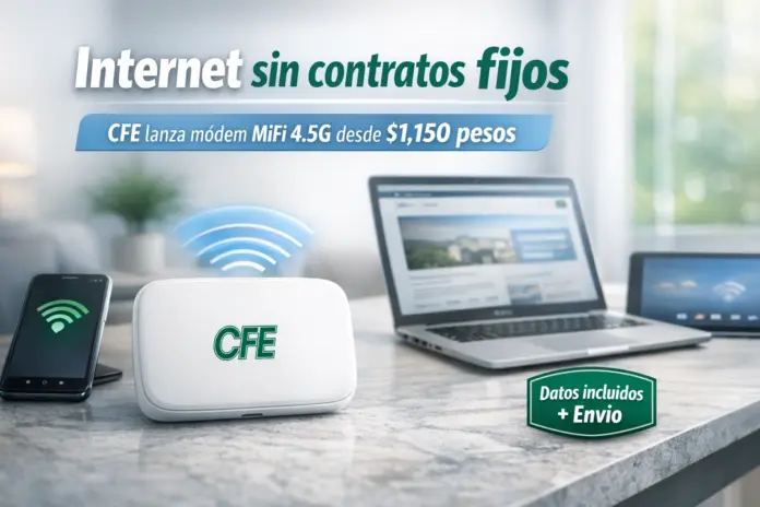 modem-cfe-mifi-internet-portatil-mexico-2026.jpg Módem CFE MiFi 4.5G ofreciendo internet portátil sin contratos fijos en México, conectado a laptop y celular en hogar moderno