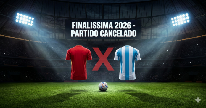 finalissima-2026-cancelada-espana-vs-argentina.png Finalissima 2026 cancelada con camisetas de España y Argentina frente a frente en un estadio iluminado simbolizando la suspensión del esperado partido internacional.