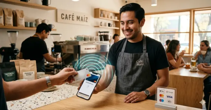 tap-to-pay-iphone-mexico-pago-sin-contacto.jpg Pago sin contacto con Tap to Pay en iPhone en México, comerciante usando celular como terminal de cobro