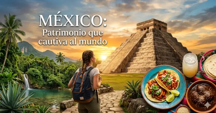 patrimonio-cultural-y-natural-de-mexico-unesco-turismo.jpg Vista panorámica de una pirámide en México rodeada de naturaleza y gastronomía tradicional que representa el patrimonio cultural y natural de México reconocido por la UNESCO.