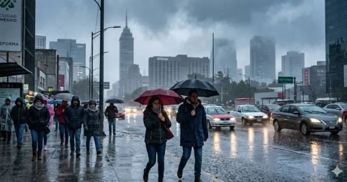 clima-frio-abril-mexico-lluvias-cdmx-2026.jpg Personas con paraguas y ropa abrigadora bajo lluvia en CDMX por clima frío en abril en México