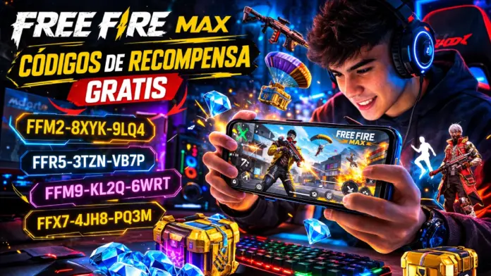 Jugador usando smartphone para canjear códigos de recompensa en Free Fire Max y desbloquear skins y diamantes dentro del juego.