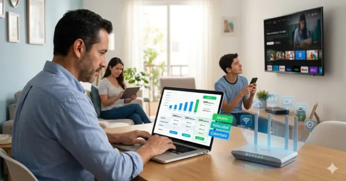 internet-mas-barato-mexico-comparativa-proveedores.jpg Familia mexicana usando laptop y router WiFi en casa mientras comparan planes de internet más barato en México de compañías como Telmex e Izzi.