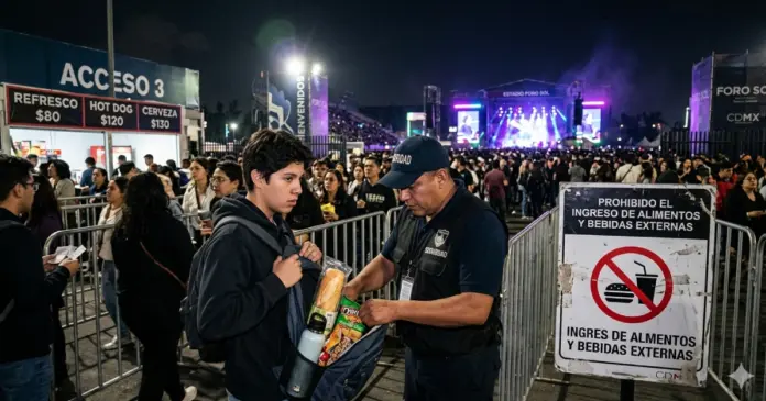 ley-ingresar-alimentos-conciertos-cdmx-precios-eventos.jpg Ley para ingresar alimentos en conciertos CDMX: asistente muestra comida en mochila durante revisión de seguridad en evento masivo