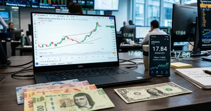 precio-del-dolar-hoy-mexico-17-84-tipo-de-cambio.png Precio del dólar hoy en México mostrando tipo de cambio de 17.84 pesos por dólar en pantalla financiera con gráficos y billetes