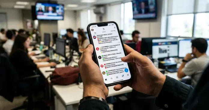 Desinformación Irán: Pantalla de smartphone mostrando noticias falsas del conflicto con símbolos de verificación