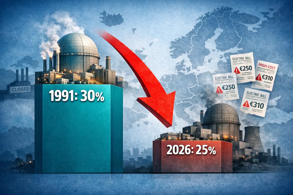Gráfico comparativo muestra la caída de la energía nuclear en Europa de 30% a 25% en tres décadas.