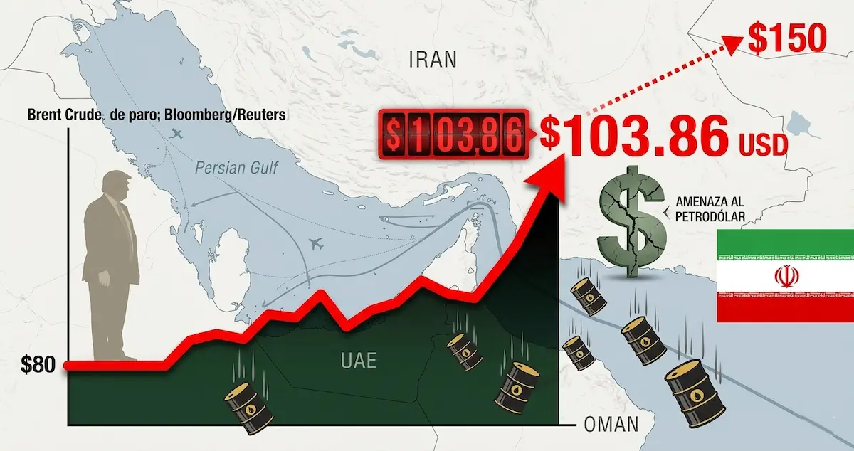 Estrecho Ormuz: Gráfico de precios del petróleo Brent disparándose a $103.86